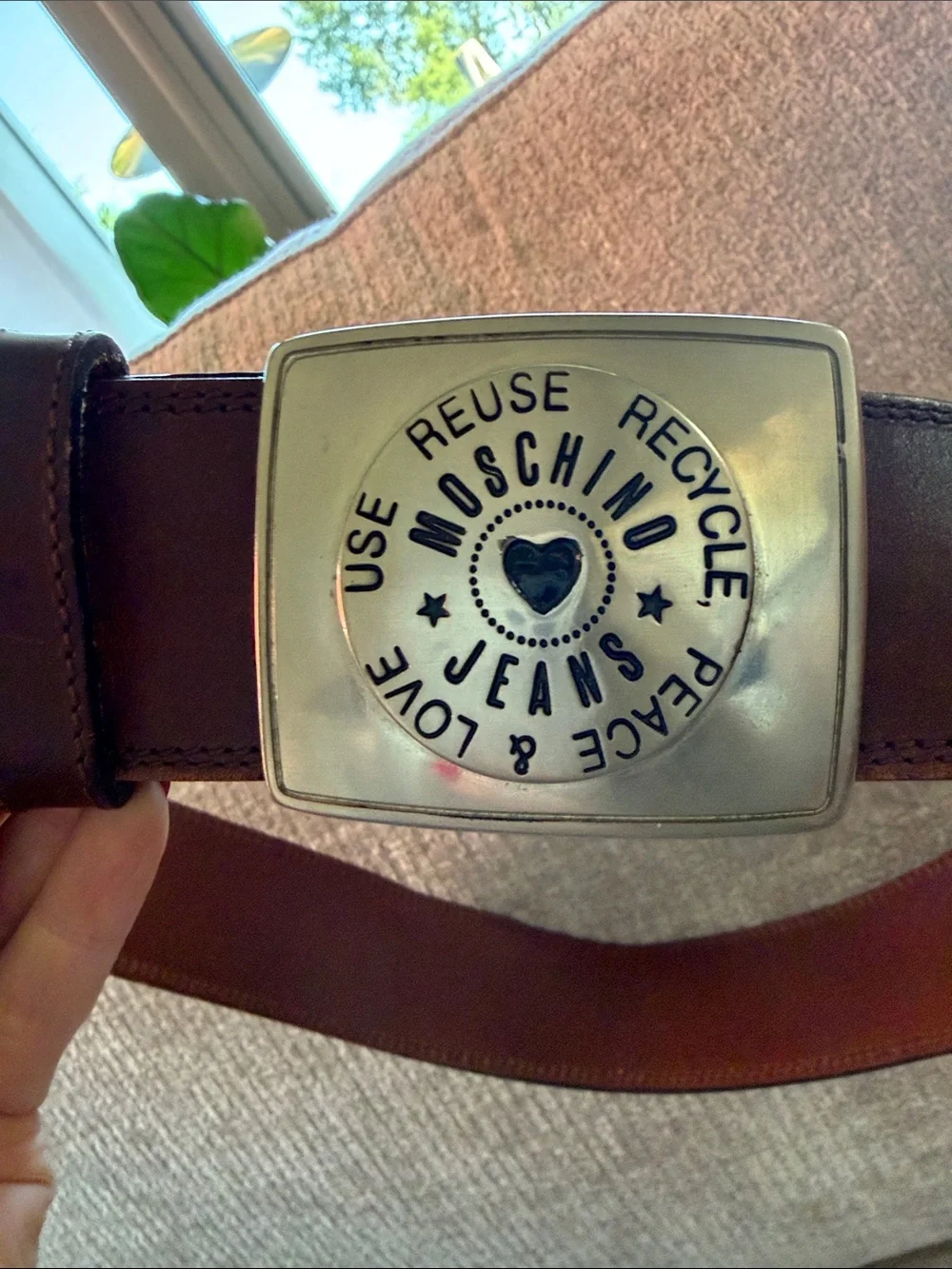 Y2K Moschino Brown Leather Belt with Silver Logo Buckle